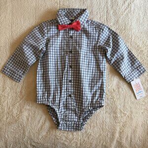 Just One You Made by Carters Navy Check Button Down Shirt Red Bow Tie ~ Sz 18 Mo